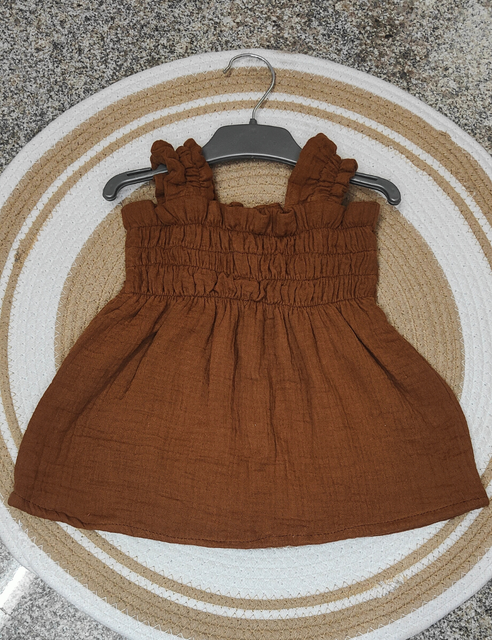 Organic Cotton Muslin Baby Frock - Brown
