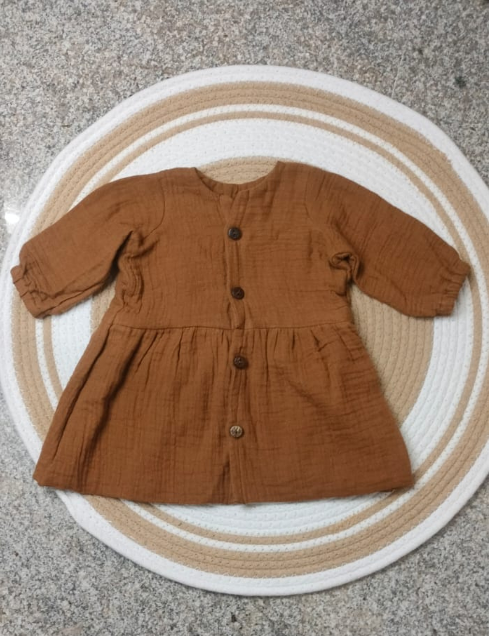 Organic Cotton Muslin Button Baby Frock - Brown