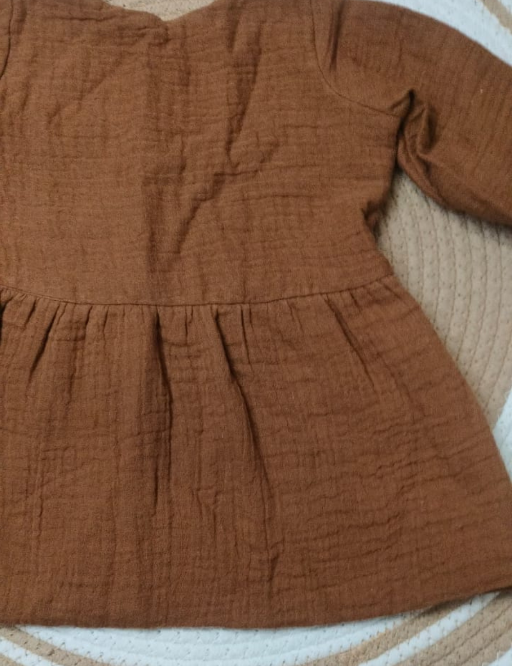Organic Cotton Muslin Button Baby Frock - Brown