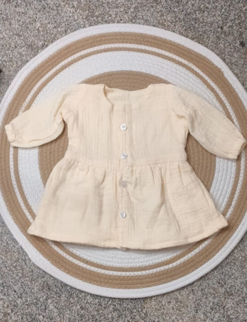 Organic Cotton Muslin Button Baby Frock - Off white