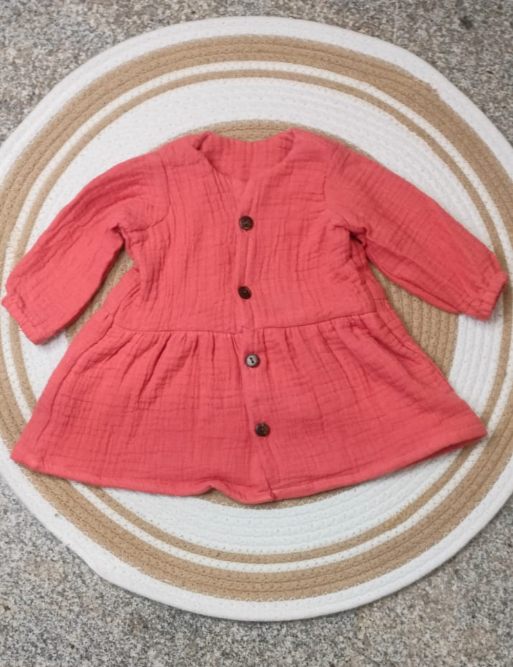 Organic Cotton Muslin Button Baby Frock - Dark Peach