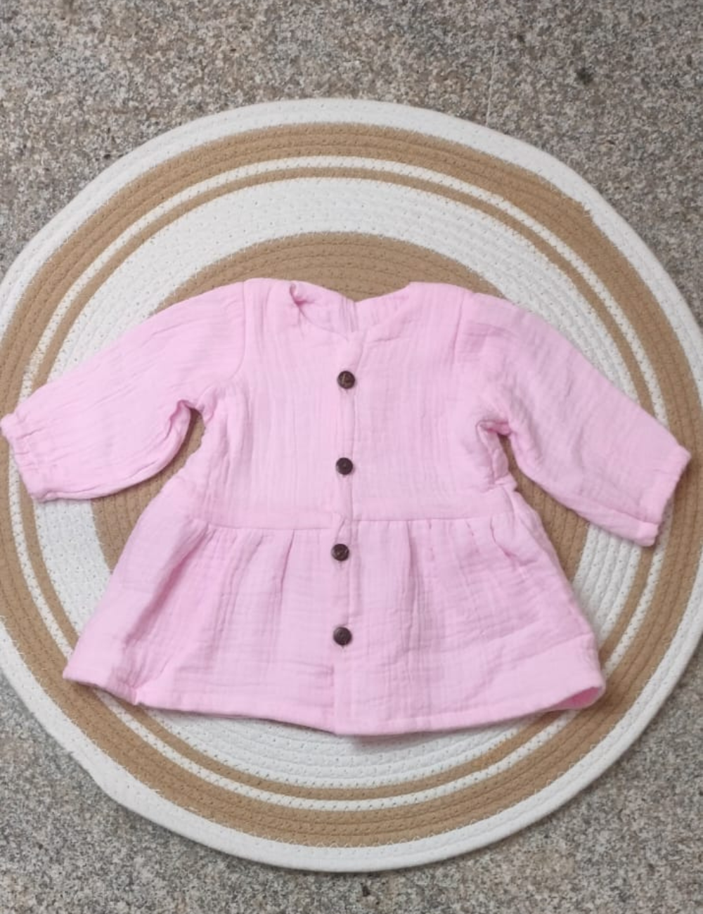 Organic Cotton Muslin Button Baby Frock - baby pink