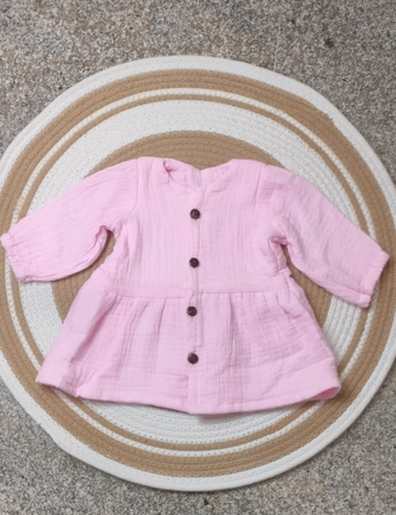Organic Cotton Muslin Button Baby Frock - baby pink
