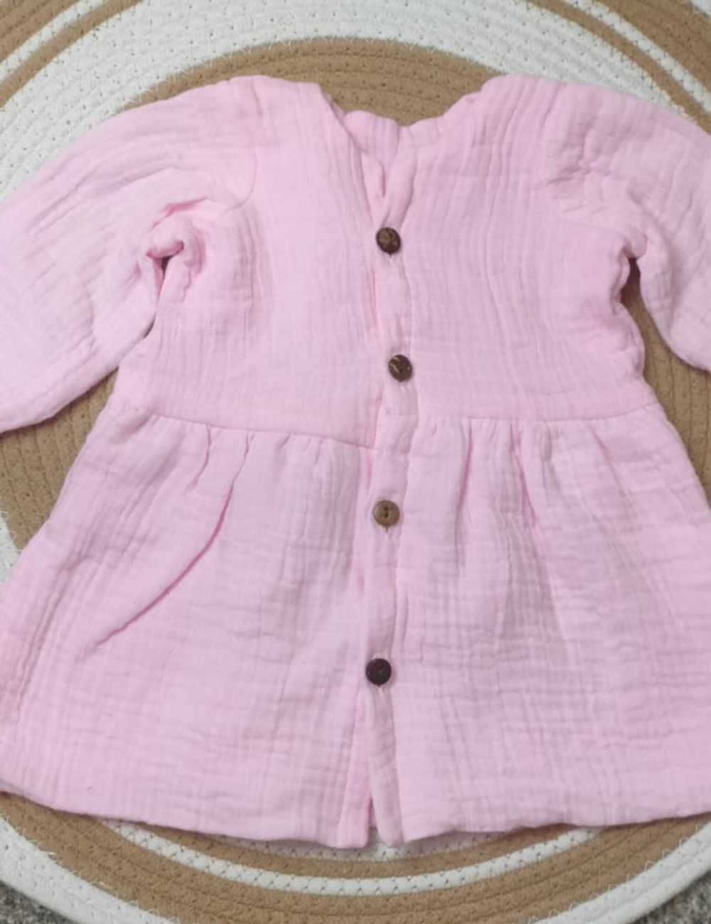 Organic Cotton Muslin Button Baby Frock - baby pink
