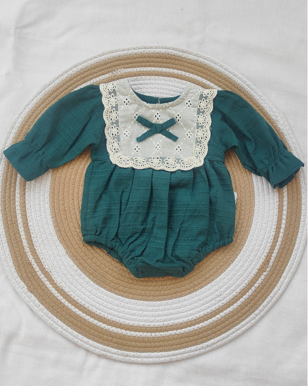 Shishu Baby Girl Lace Cotton Romper – Soft Bottle green Bodysuit for Gentle Skin Protection | LO