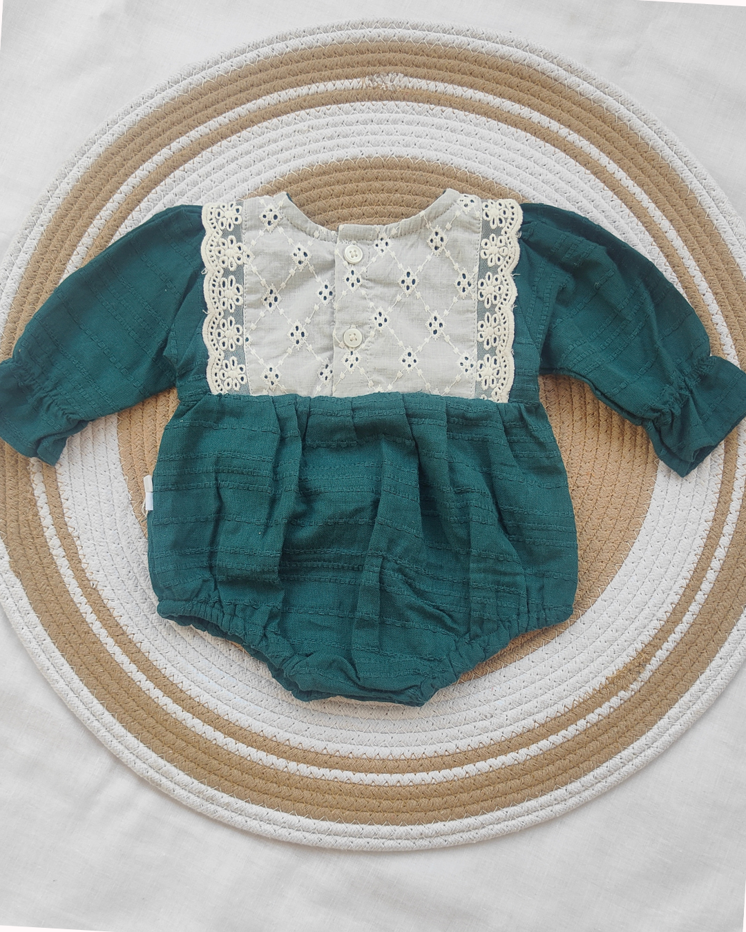 Shishu Baby Girl Lace Cotton Romper – Soft Bottle green Bodysuit for Gentle Skin Protection | LO