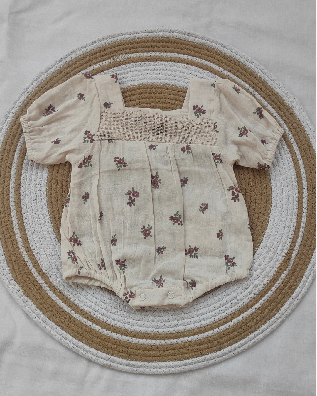 Shishu Baby Girl Lace Floral Cotton Romper – Soft Cream Bodysuit for Gentle Skin Protection | LO