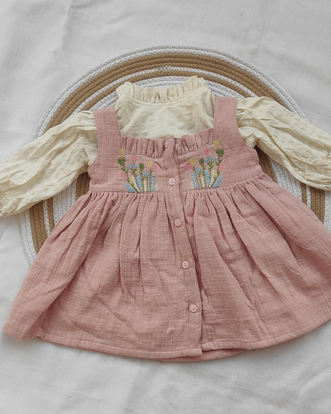 Shishu Baby Muslin Dungaree Frock – Soft & Breathable peach Dress with embroidery for Everyday Comfort | CR